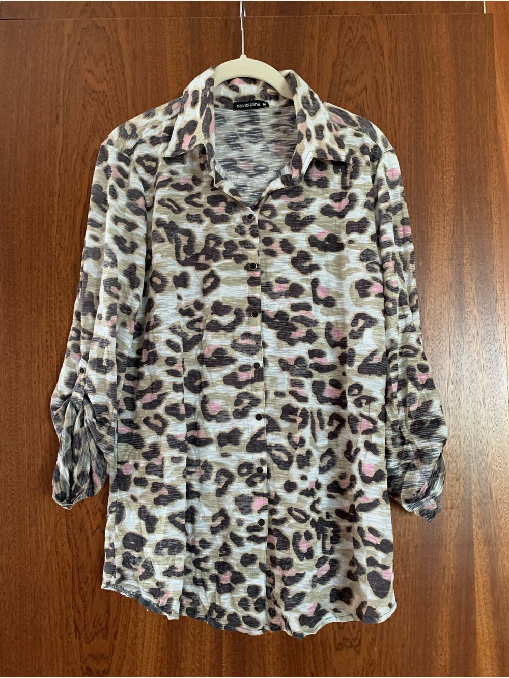 David Cline Leopard Print Button Front Blouse with Pink Accents